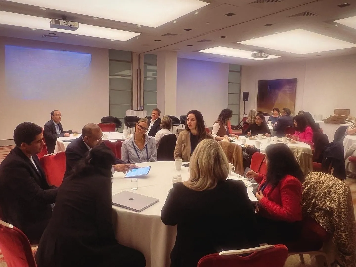 Eryn Peters running a workshop with leaders around round tables
